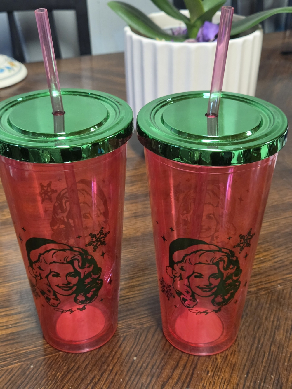Dolly Parton Red Holiday Tumbler Pair with Green Metallic Lids and Pink Straws